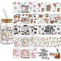 Drink Design UV DTF 3D 16oz Wraps Cup Glass Cup Transfer Sticker Wine Cartoon High Quality Waterproof Decals