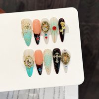 10PCS Stiletto Handmade Press On Nails,Retro Gilded Gemstone Engraved Design,Suitable For Festivals Parties And Daily Wear.