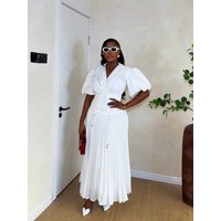 Female Clothing Modest White Dress Puff Sleeve V Neck Waist Slimming Corset Pleated Dresses for Woman Elegant Dressed in Summer