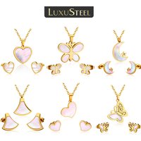 LUXUSTEEL Ladies' Natural White Heart-shaped Butterfly Necklace and Earring Set, Elegant and Stylish Stainless Steel Jewelry.