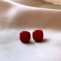 New Wine Red Small Square Ancona Stud Earrings for Women Geometry Smooth Wedding Jewelry Christmas Girl Valentine's Day Gift