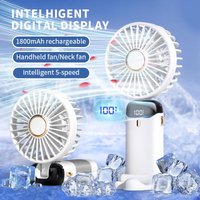 Portable Handheld Electric Fan Foldable Neck Hanging Fans 5 Speed Rechargeable Fan With Phone Stand LED Display Screen 1800mAh