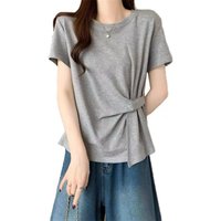 Spring and Summer Large-size Women's Clothing New Solid Color Loose and Thin Irregular Design Round Neck Short-sleeved T-shirt