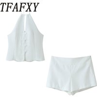 TFAFXY 2026 Summer Women New Sexy Shorts Sets Backless Halter Neck Slim Short Top Side Zipper Casual Shorts Suit