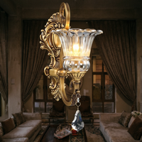 Vintage Brass Ornate Antique Wall Lamp, Crystal Drop, Clear Glass Shade for Living Room & Bedroom
