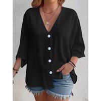 Fashion Women's Cardigan Blouses Elegant 2025 Spring/Summer V-Neck Button Loose Casual Wear Plus Size Black Tops Ladies Shirts