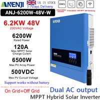 ANENJI 6.2KW 48V Hybrid Solar Inverter MPPT Inverter 230V On Grid Off Grid 2 AC Output Pure Sine 120A Solar Charger PV 500V WIFI