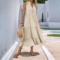 Summer 2025 Simple Style Mid-Length Sleeveless V-Neck Button Pure Color Dress Casual High Waist A-Line Dress