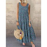 Floral Sleeveless Loose Long Boho Casual Dress Women Summer Fashion O Neck Elegant Office Holiday Beach Party Dresses Robe Femme