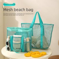 Large Capacity Mesh Beach Bag Handled Hollow Out Seaside Travel Storage Bag For Towels Slippers Shopping