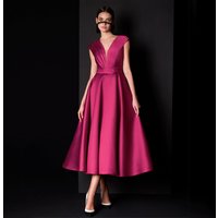 Midi Formal Party Dress Rose Red Satin Deep V Neck A Line Tea Length Bridesmaid Gowns for Women 2025 Cross-Criss Cocktail Dress