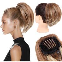 Synthetic Hair Bun Hairpiece Fully Short Ponytail Bun Brown Mix Blonde Hair Chignon with Comb Clip Bun Updo Drawstring Bun