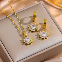 New Top Luxury Sparkly Zircon Crystal Sunflower Necklace Earrings For Women 18K Gold Plated Stainless Steel Jewelry Set Female