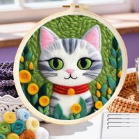 CHENISTORY Cat Wool Painting Kit Wall Art Picture Embroidery Kit Animal Needle Felting Kits For Beginners Home Wall Decor Craft