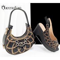 Queena Yan European and American Fashionable Party Shoes and Bag Comfortable Wedge Design Shoes with Moon Bag Women's High Heels