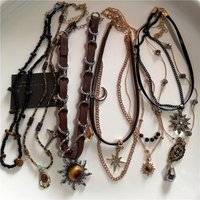 Vintage Leather Brown Stone Sun Pendant Beaded Choker Clavicle Chain Necklace For Women Unique Y2K Personalized Grunge Jewelry