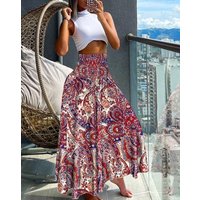 Women's High Waist Elastic Paisley Print Long Skirt Bohemian Style Flowy Maxi Skirt Summer Beach Skirt