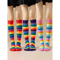 1 Pair of Girls' Rainbow Mid-Calf Socks, Soft Breathable Kids Colorful Striped Tube Socks for Children Aged 2-9 Years Daily Wear