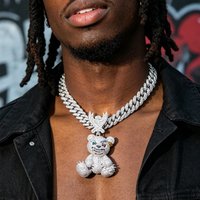 Men Women Hip Hop Bear Shape Pendant Necklace Cuban Chain Accessories Angry Cartoon Animal Iced Out Bling Punk Boy Jewelry Gift