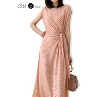 2026 Women's Casual Summer New 100% Natural Mulberry Silk Double Crepe Leather Pink One Collar Sleeveless Side Strap Split Dress
