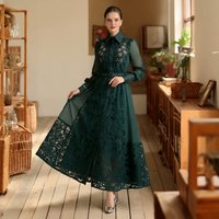 Elegant High-End Large Size Lace Dress Long Sleeve Turn-down Collar Waist-cinched Long Gown Celebrity Evening Dress