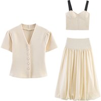 Summer minimalist style V-neck slim fit structured knit short sleeved knitted jacket with suspender short top and half skirt
