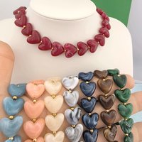 Love Resin Heart Necklace Women Choker Gold Color Beads Stainless Steel White Red Green Coffee Beige Waterproof Diy Handmade