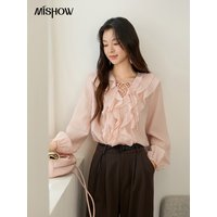 MISHOW Pink Ruffled Blouse for Woman 2025 Autumn New Elegant Sweet V-neck Lace-up Design Shirt Lantern Sleeves Top MXE49X2504