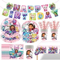 Gabby Dollhouse Party Supplies Happy Birthday Cat Girl Paper Plate Cup Napkin Set for Girls Kids Decoration