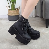 Gdgydh Schwarze Plateaustiefel für Damen, bequem, runde Zehenpartie, Schnallenriemen, einfarbig, klobige Absätze, mittelhohe Stiefel im gotischen Stil