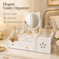 Cat Ear Vanity Makeup Organizer with Mirror, White Cosmetic Storage Box with Drawers for Skincare Jewelry & Beauty Supplies