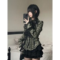 Academia Retro Plaid Long Sleeve Blouse + Black Lace Tiered Skirt Two-Piece Set Ruffle Trim Slim Fit Gothic Punk Casual Outfit