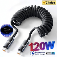 120W Car Type C to USB C Fast Charging For iPhone 17 16 USB A To Type C Spring Telescopic Cable For Samsung Xiaomi Huawei