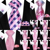 3Pcs Pink Color Men's Tie Pocket Square Cufflinks Set Jacquard Floral Plaid Solid 8CM Necktie for Male Wedding Business Party