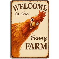 Vintage Farm Rooster Metal Sign "Welcome to the Funny Farm"Rustic Iron Wall Art, Waterproof & Rustproof Outdoor Decor