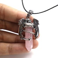 2025 Animal Dragon Man Necklace Natural Gem Stone Healing Pink Quartz Hexagonal Crystal Pendant Vintage Jewelry for Women Gift