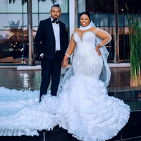 Customized Luxury Sparkling Mermaid Wedding Dress African Women's Plus Size Bride Dress Pearl Long Sleeve Layered Wedding Dress