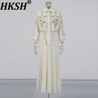 HKSH Spring Autumn New Women Dress Set Two-piece Beaded Studded Diamonds Short Jacket Sleeveless Pleated Dresses Elegant HK13642