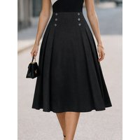 Women Elegant High Waist A Line Midi Skirt Pleated Flare Skirt Button Detail Solid Color Casual Office Work Party Chic Outfit