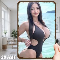 HD High Definition Tin Sign, Gorgeous Bikini Girl Sea View Metal Wall Art, Vintage Pin Up Poster Decor for Bar Club Living Ro