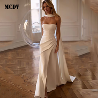 MCDV Elegant Satin Wedding Dress Ribbons Strapless Mermaid Side Split Ivory Sweep Train Vestido De noiva Casamento Customized