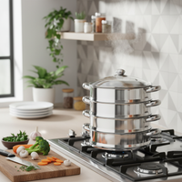 5-Tier Stainless Steel Steamer Pot Modular Food Steamer with Glass Lid Cooking Pot for Meal Cooking Steam Fish Vegetables