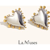 La. Muses Mixed Color Bead Edge Slanted Heart-shaped Stainless steel Women's Earrings Fashionable Waterproof Jewelry Gift