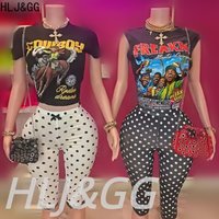 HLJ&GG Vintage Trend Letter Pattern Print Two Piece Sets Women Sleeveless Tshirts + Polka Dot Shorts Outfits Fashion Streetwear