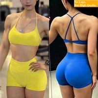No Logo Thin strap twisted back shock-absorbing yoga fitness sports bra with high elasticity hip lifting sports shorts set