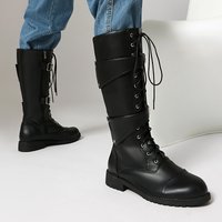 Men Boots Lace-up Mid-calf Boots Fashion Black Motorcycles Boots Platform Belt Buckle Knee High Boot Unisex Plus Size Long Boot