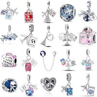 925 Silver Airplane Passport Travel Suitcase Blue Pendant DIY Beads Fit original Bracelet Jewelry accessories Pink Luggage Charm