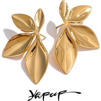 Yhpup Fashion Stainless Steel Leaves Flower Stud Earrings Bright Anti Allergy Waterproof Charm Texture High Quality Jewelry