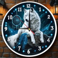 Wooden wall clock with a white wolf and dreamcatcher design. Ideal for living rooms or bedrooms. Requires AA batteries