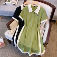 Spring and Summer Classic Black and White / Green and White Women's Plus Size Fashion Polo Collar Short Sleeve A-Line Mini Dress